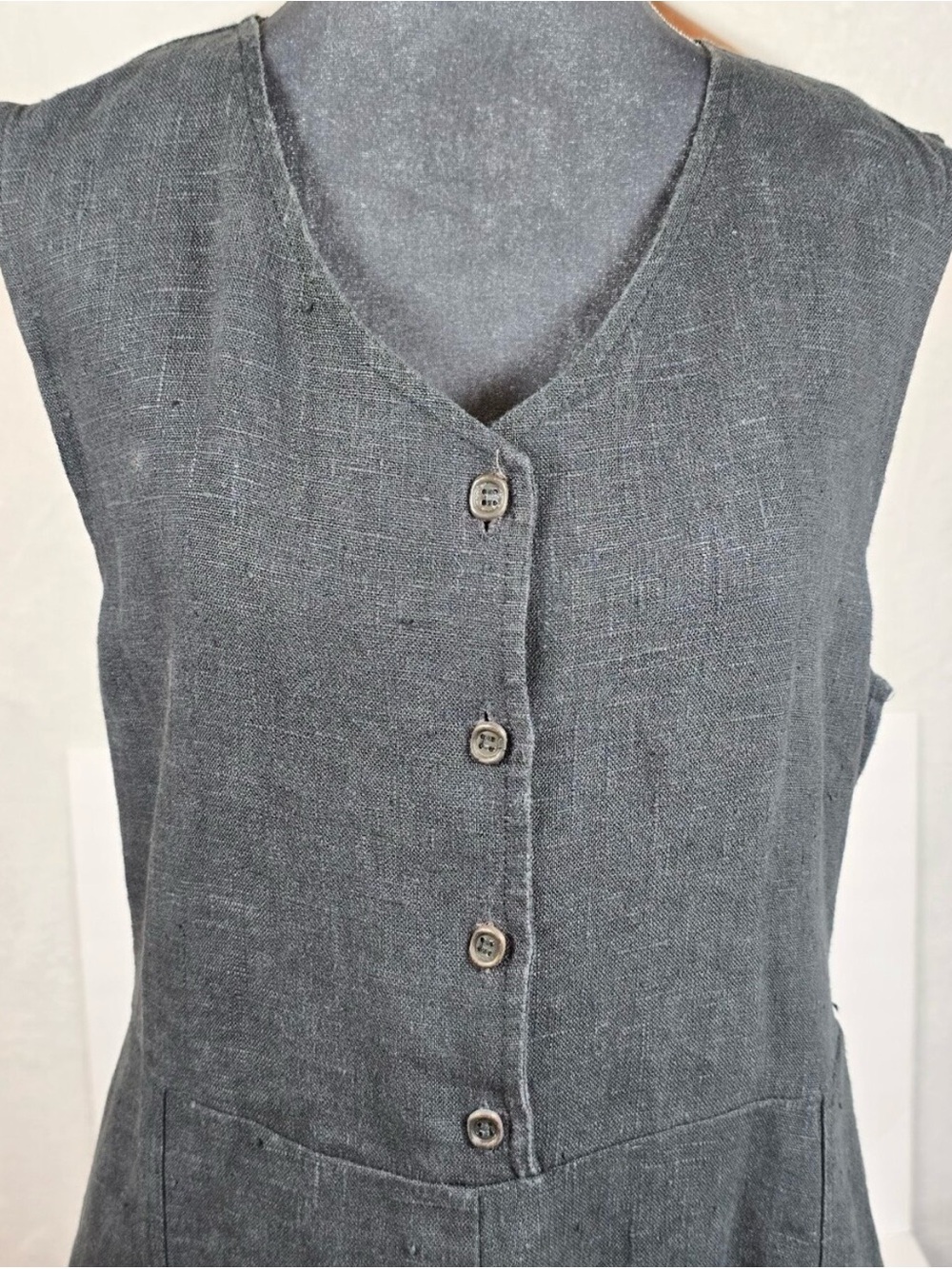 Vintage FLAX Jeanne Engelhart 100% Linen Grey Maxi Dress Button Front Pockets M - Picture 7 of 16